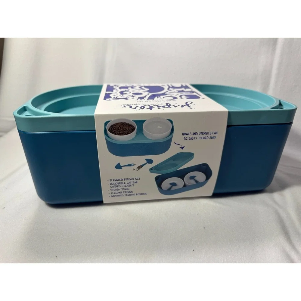 Jupiter Double Cat Bowl Stand & Storage – Teal Elevated Feeder Set
